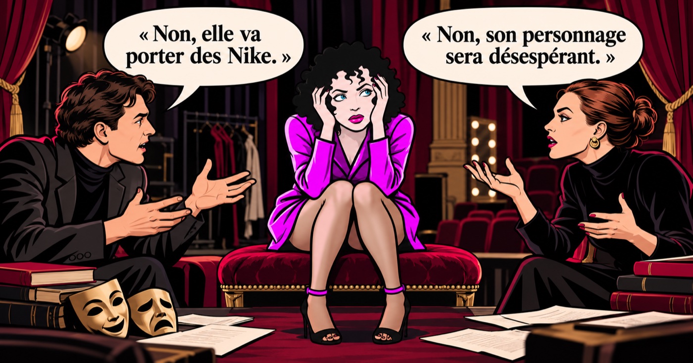 Illustration de Maria Paillard entre deux personnages qui se disputent ses choix artistiques